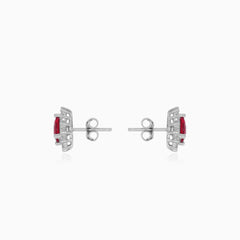 Sterling silver halo ruby stud earrings