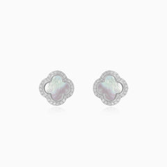 Halo sterling silver clover pearl stud earrings