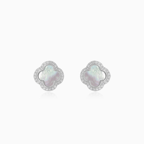 Halo sterling silver clover pearl stud earrings