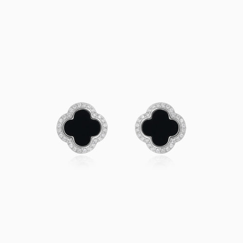 Halo sterling silver clover onyx stud earrings