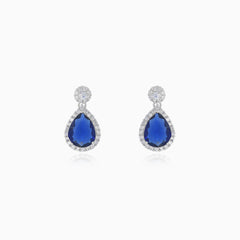 Halo sterling silver drop earrings with sapphire