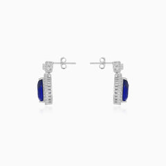 Halo sterling silver drop earrings with sapphire