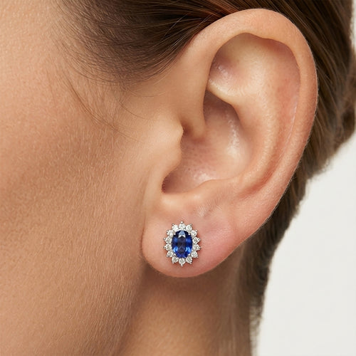 Sterling Silver Oval Sapphire Halo Stud Earrings