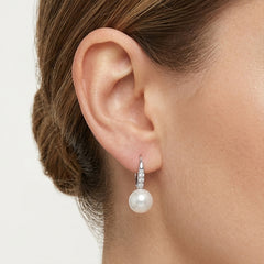 Sterling Silver Pearl Pavé Drop Earrings