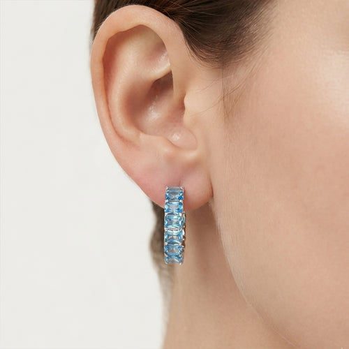 Sterling Silver Cushion Cut Blue Topaz Hoop Earrings