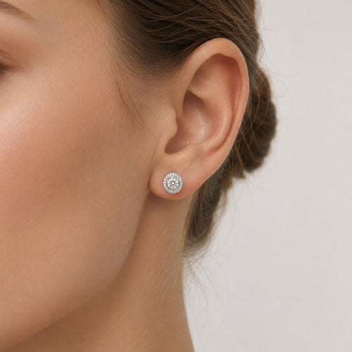 Sterling Silver Halo Cubic Zirconia Stud Earrings