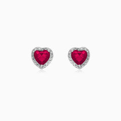 Sterling Silver Heart Ruby Halo Stud Earrings