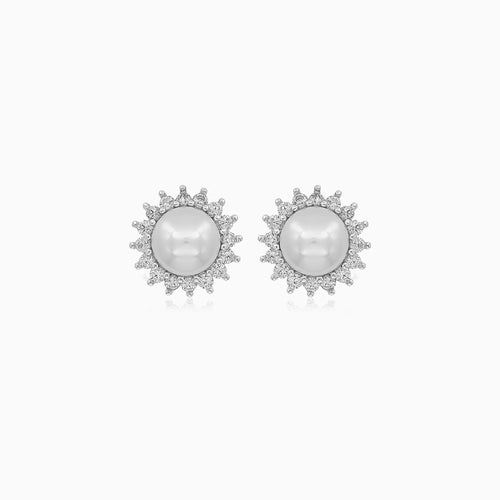 Sterling Silver Pearl Halo Stud Earrings