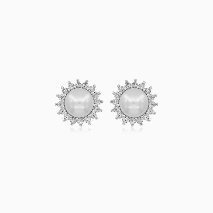 Sterling Silver Pearl Halo Stud Earrings