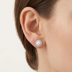 Sterling Silver Pearl Halo Stud Earrings