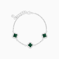 Sterling Silver Malachite Clover Halo Bracelet