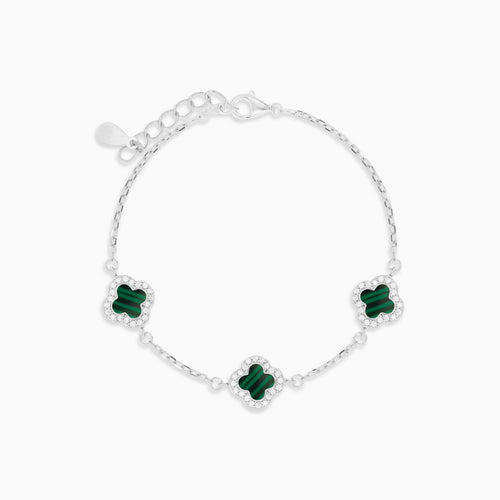 Sterling Silver Malachite Clover Halo Bracelet