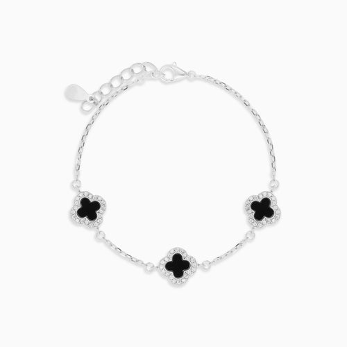 Sterling Silver Onyx Clover Bracelet