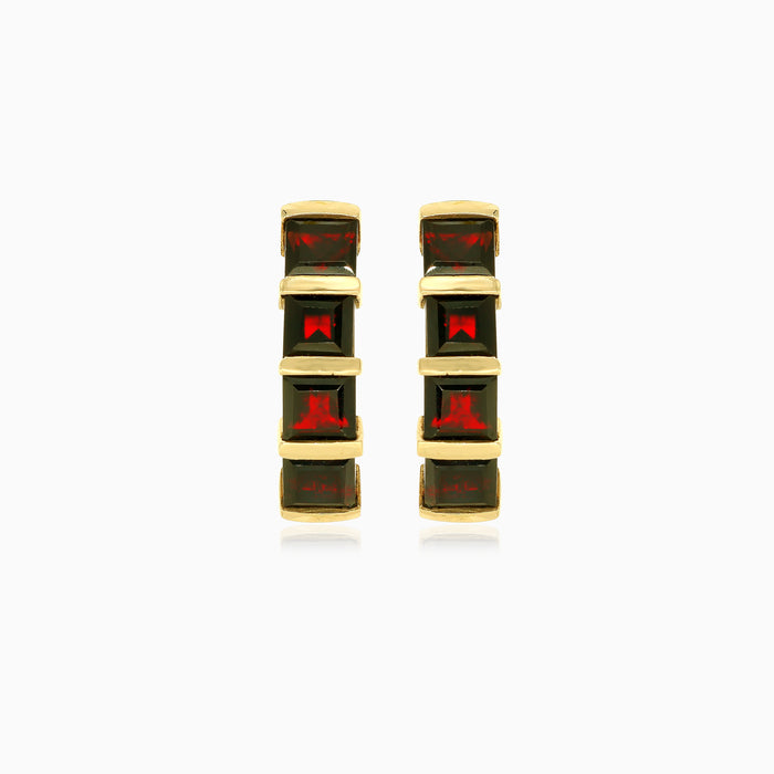 Broad square princess cut garnet gold earrings
