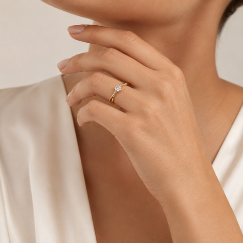 Twisted Yellow Gold Zircon Engagement Ring