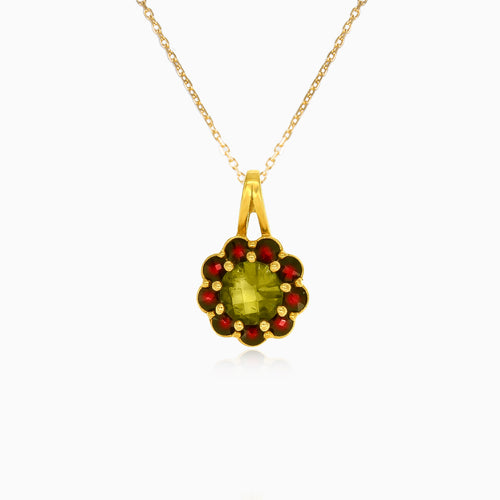 Floral Harmony Pendant In  Yellow Gold With Round Fine Step Cut Moldavite And Garnet
