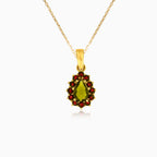 Royal Elegance Pendant In Yellow Gold With Pear Moldavite And Round Garnet