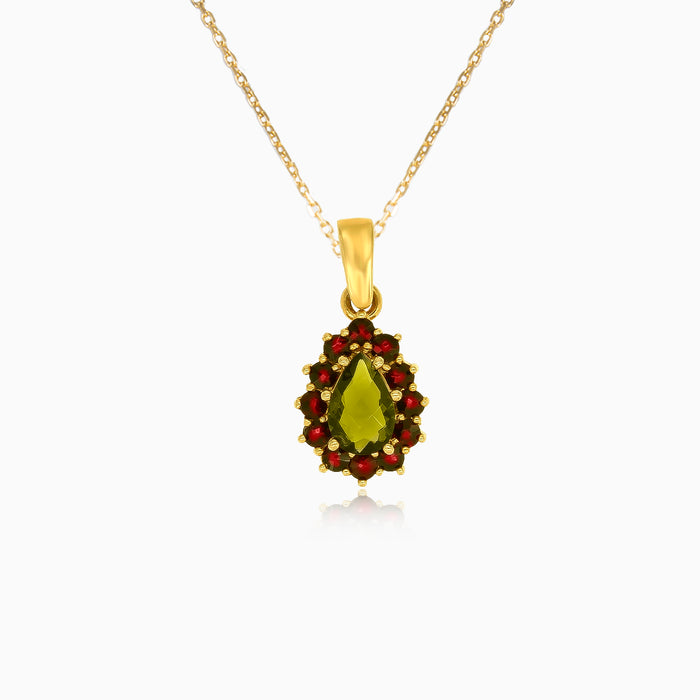 Königliches Eleganz-Anhänger in Gelbgold mit Birnenförmigem Moldavit und Rundem Granat