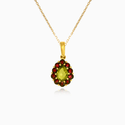 Royal Radiance Pendant In Yellow Gold With Pear Moldavite And Round Garnet