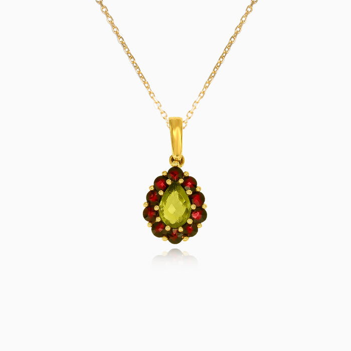 Royal Radiance Anhänger in Gelbgold mit Birnenförmigem Moldavit und Rundem Granat
