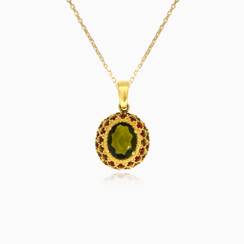Enchanting Radiance in Yellow Gold with Moldavite Stone and Garnet Surround