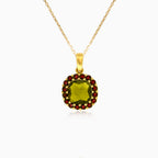 Regal Splendor Pendant In Yellow Gold With Moldavite And Garnet