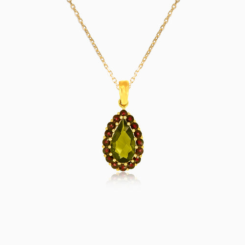 Golden Serenade Pendant In Yellow Gold With Pear Moldavite And Round Garnet