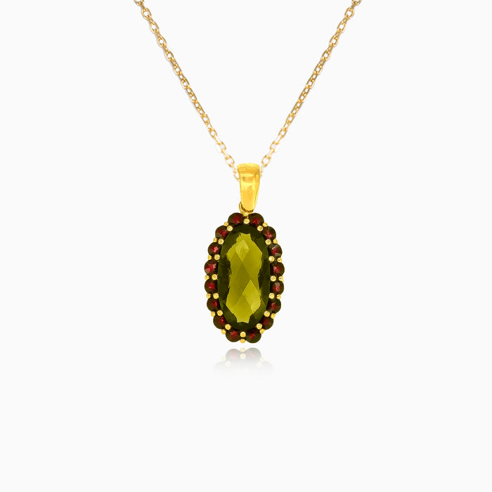 Strahlender Fusion-Anhänger in Gelbgold mit ovalem Moldavit und rundem Granat