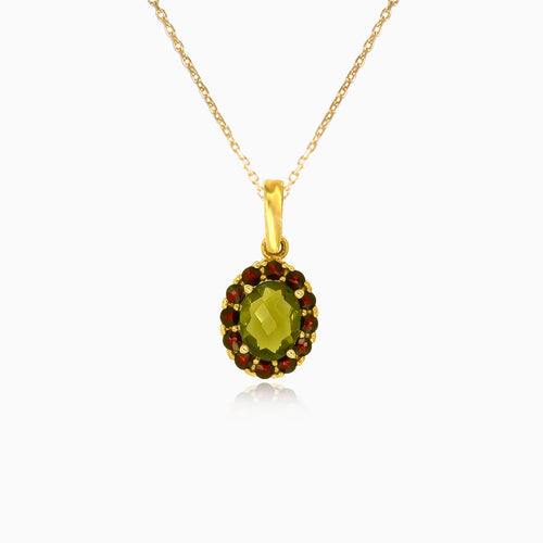 Royal Radiance in yellow gold  with moldavite and garnet stones