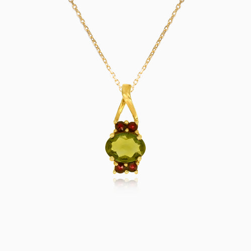 Yellow Gold Pendant with Oval Moldavite and Surrounding Garnet