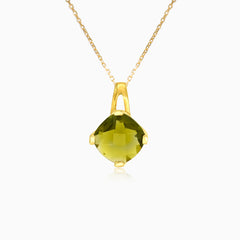 Pendentif Rêverie Éclatante en Or Jaune avec Pierre Moldavite Taille Coussin