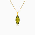 Yellow Gold Pendant with Long Moldavite Stone in Oval Cut