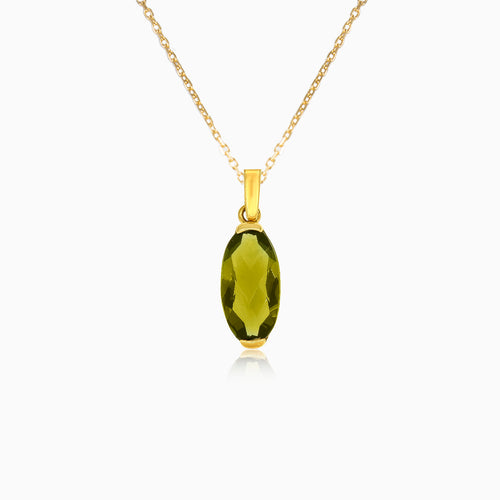 Yellow Gold Pendant with Long Moldavite Stone in Oval Cut