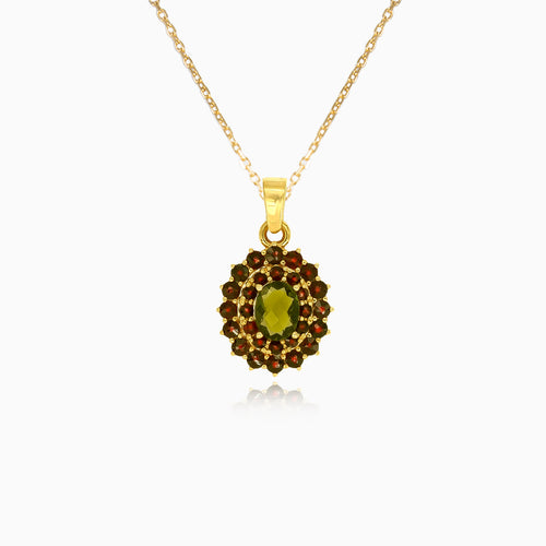 Celestial Harmony Pendant in Yellow Gold with Oval Moldavite and Round Garnet