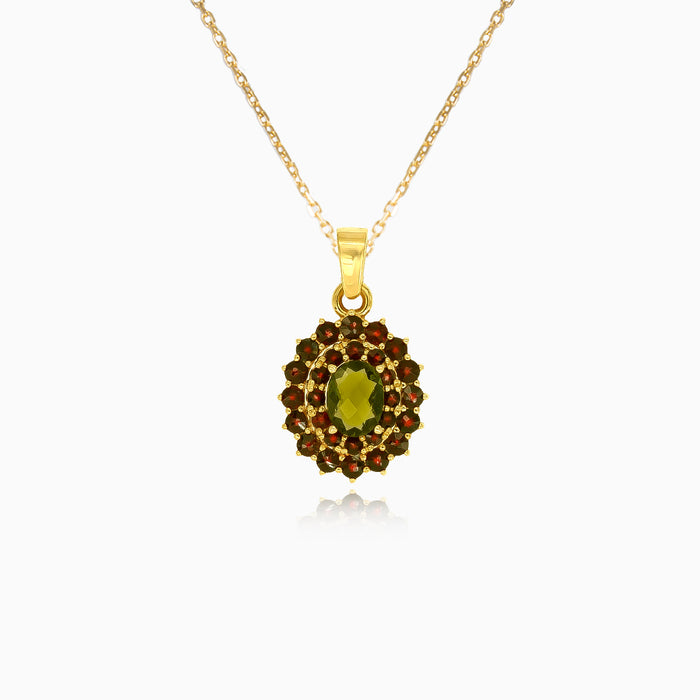 Himmlische Harmonie Anhänger in Gelbgold mit ovalem Moldavit und rundem Granat