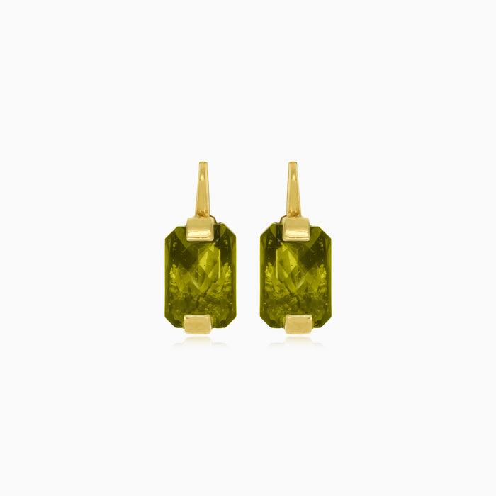 Luminescent Rechteck-Ohrstecker aus Gold und Moldavit
