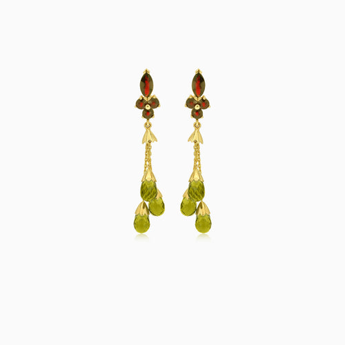 Garnet and triple moldavite drop earrings