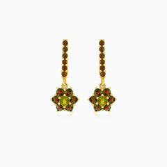 Garnet and moldavite flower design dangling earrings