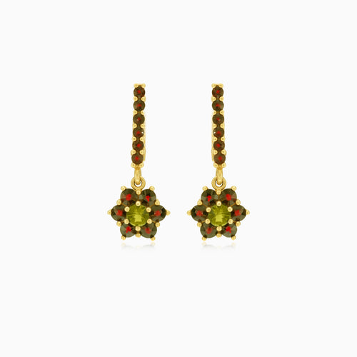 Garnet and moldavite flower design dangling earrings