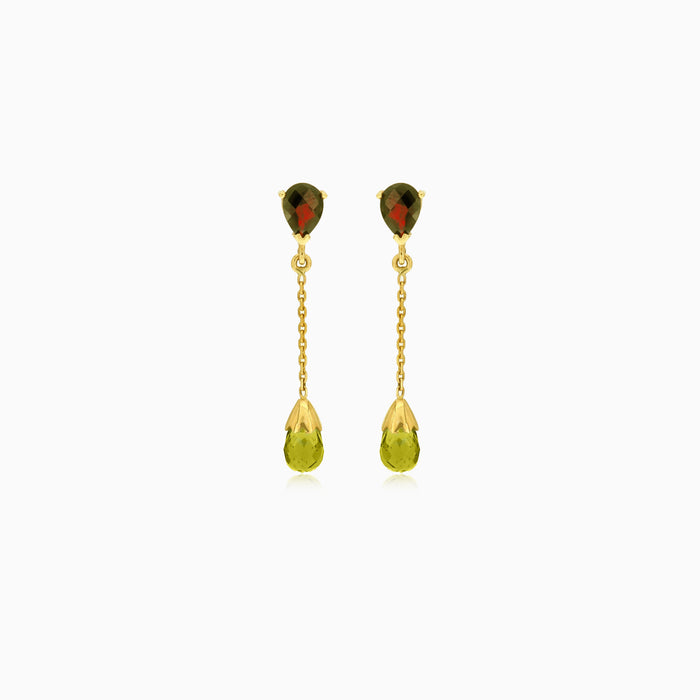 Granat- und Moldavit-Gold-Tropfenohrringe