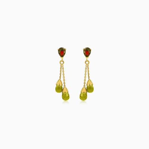 Garnet and dual moldavite drop earrings