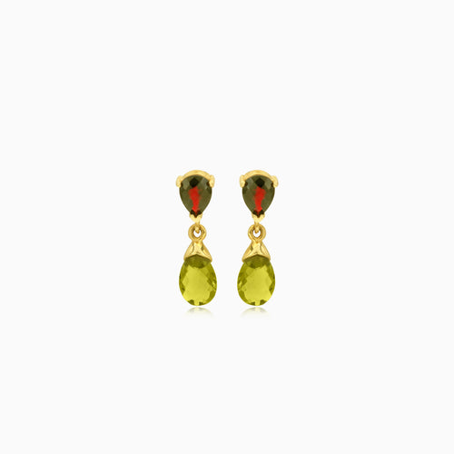 Garnet and moldavite gold earrings