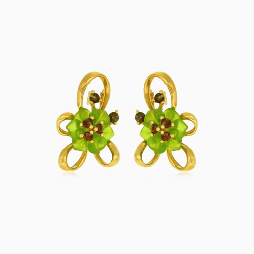 Elegant 14kt gold flower dangling earrings with quartz and garnet