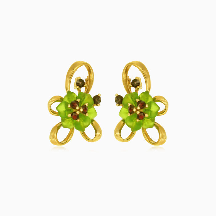 Boucles d’oreilles pendantes élégantes en or 14 kt avec fleurs, quartz et grenat
