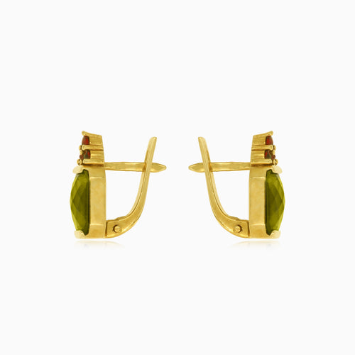 Radiant garnet and moldavite gold earrings