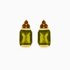 Radiant garnet and moldavite gold earrings