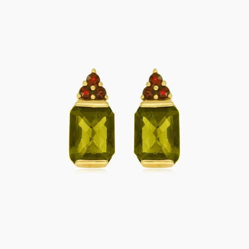 Radiant garnet and moldavite gold earrings