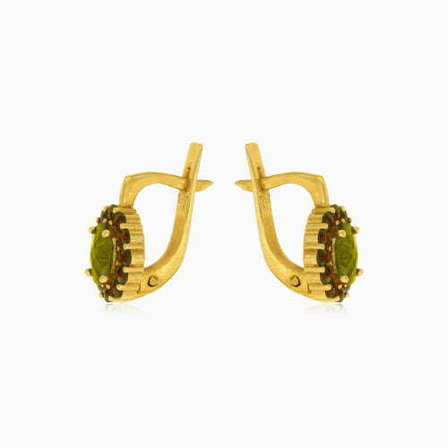 Garnet and moldavite gold dangling earrings