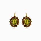 Garnet and moldavite gold dangling earrings