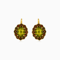 Garnet and moldavite gold dangling earrings